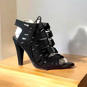 Sexy black suede Gianni Bini peep-toe lace-up booties - perfect for fall